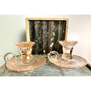 Fingerlooop Two Single Candlestick Holders, Pink Vaseline Glass
